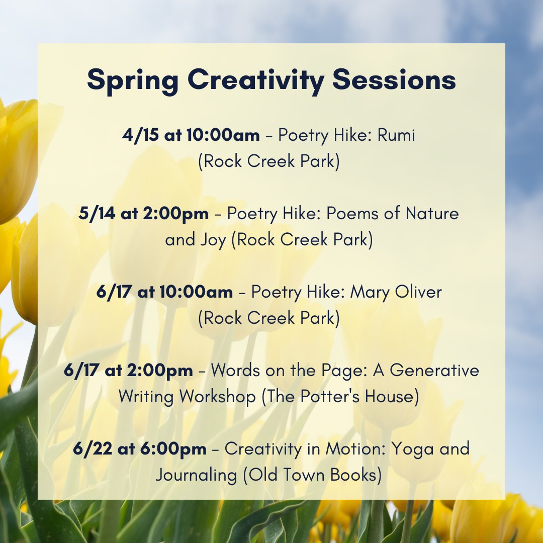 MoonLitDC's tweet photo. Looking to bloom creatively this spring? Join MoonLit Founder @kristenzoryking for a variety of programs, including Poetry Hikes, Yoga and Journaling, author events, writing workshops and more! 

More details and links available at: https://t.co/n6LJs3Wahz https://t.co/LXRjXqHXhc