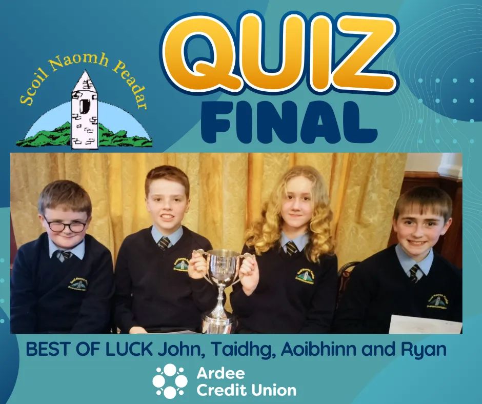 We will be cheering on the team from @Dromiskinns who are representing Ardee Credit Union in the National Finals of the #CreditUnion #SchoolQuiz tomorrow in Dublin. 
Best of luck to John, Taidhg, Aoibhinn and Ryan.
You've got this. #Dromiskin #AcuMembers