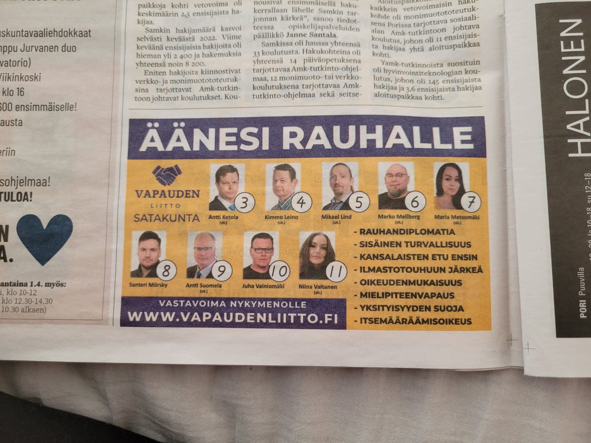 AnttiKetola3's tweet photo. Vaalityö on tehty. Tämän päiväisessä Satakunnan Kansassa julkaistiin meidän mainos.
Huomenna saa jännittää tulosta. 🙂 https://t.co/AsVMB59WIl
