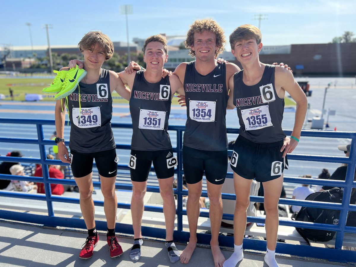 NicevilleTrack's tweet photo. A great day for a 4x8!  Boys run an 8 sec SB ripping an 8:04.10 at the Florida Relays. @Jwlafollette @todd_brigman @CoachWebb1337 @CoachWill850 @NicevilleEagles @coachcooper5865 https://t.co/GYWkMgAErQ
