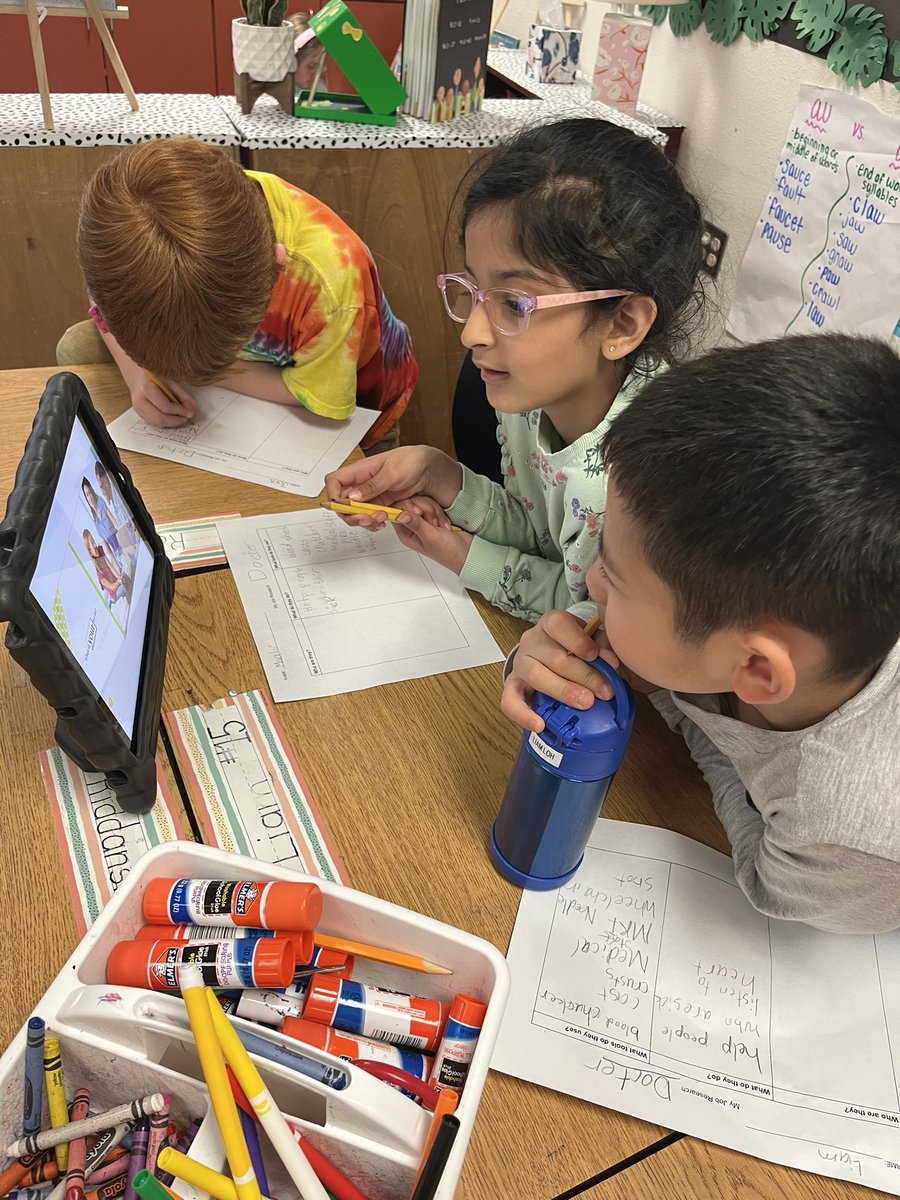 schoolwithstew's tweet photo. We are loving our social studies inquiry about jobs in our community! I love getting to see my students investigate and work collaboratively! @allenelem https://t.co/HJqBrIPbDZ