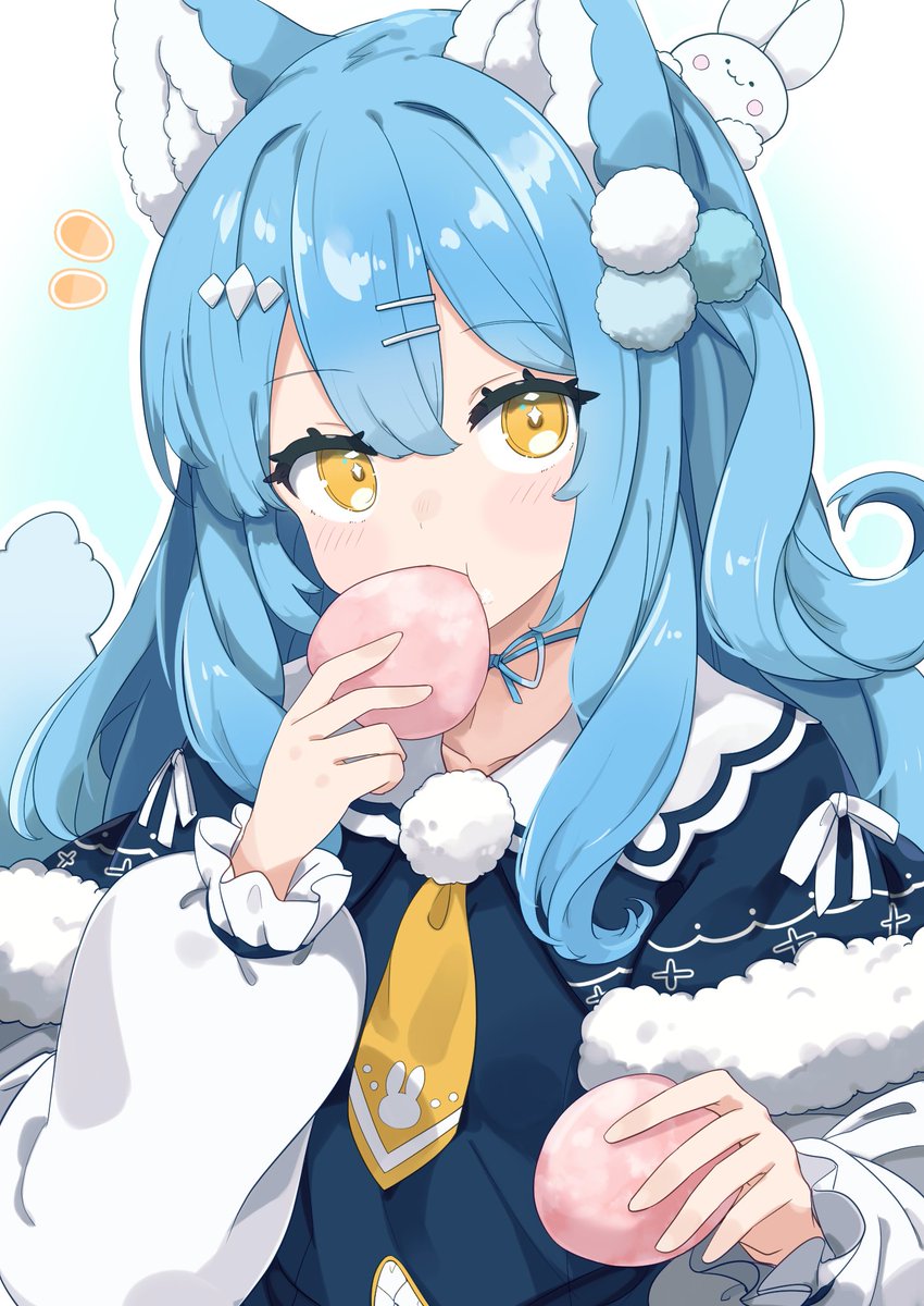 1girl animal ears food eating blue hair solo holding food  illustration images