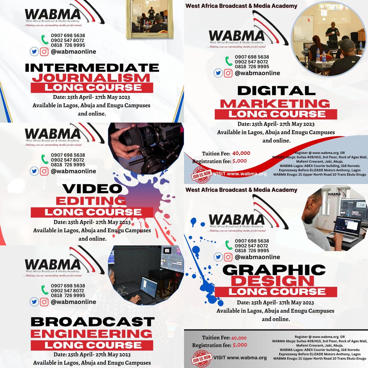 Upgrade your #mediaskills & advance your career with WABMA®️! Our Masterclass, Short & Long courses in #videoediting, #journalism, & more are now open for registration. Join us at our Abuja office or learn from anywhere with our online courses. Call 08187269995 to enroll. #media