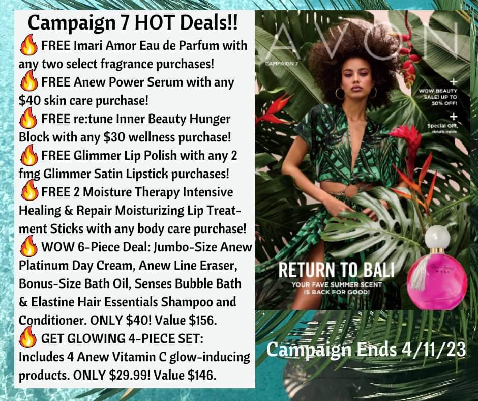 YourAvonRep4's tweet photo. We have some hot deals in campaign 7. Hurry and get your deals today!! Shop my estore at https://t.co/0TpEGByLTj. #NewCampaignAlert #newcampaign #hotdeals #avonrepatl #shoponline https://t.co/U9L9HvQkew