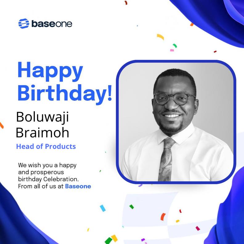 BaseOneofficial's tweet photo. Join us in Celebrating Boluwaji Braimoh . 
We wish you a wonderful year ahead! 

Thank you for all you do for us at BaseOne. 

Happy birthday!

#happybirthday #baseone https://t.co/iV8uBfNOkp