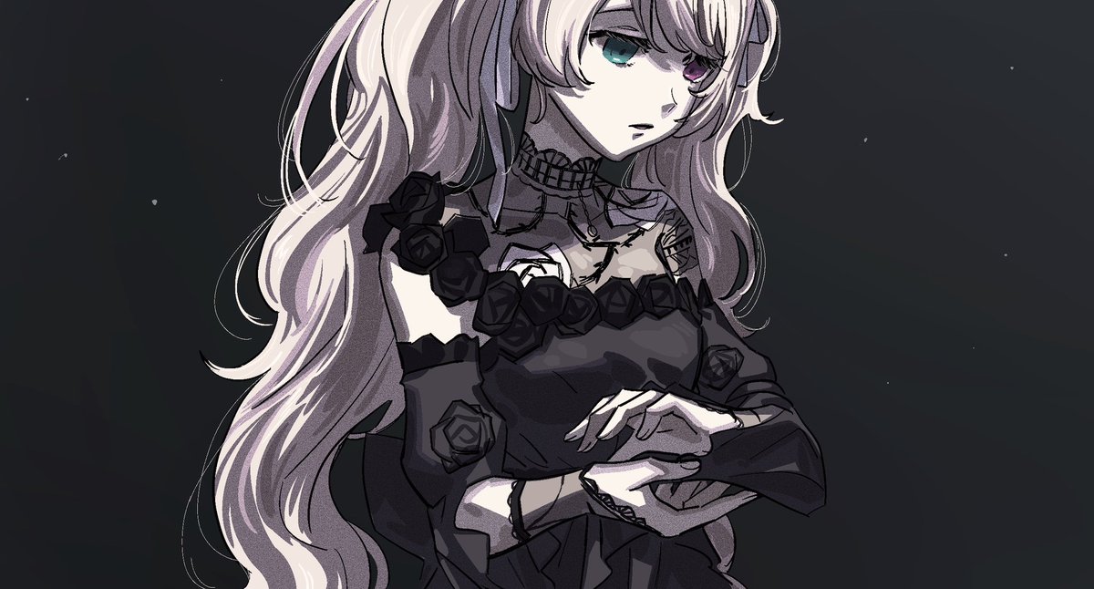 hatsune miku 1girl solo heterochromia long hair dress twintails black dress  illustration images