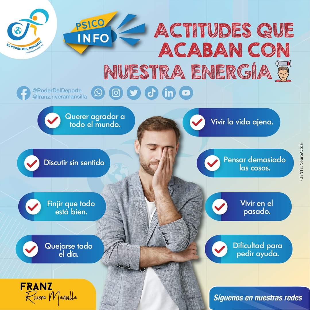 franzriveman's tweet photo. 🚨🫵🏻🚨 Actitudes que acaban con nuestra #Energía
👉🏻 Querer #agradar a todo el mundo
👉🏻 #Discutir sin sentido
👉🏻 #Fingir que todo está bien
👉🏻 #Quejarse todo el día
👉🏻 #Vivir la vida ajena
👉🏻 #Pensar demasiado las cosas
👉🏻 Vivir en el #pasado
👉🏻 Dificultad para pedir #ayuda https://t.co/ChtzDltSNH