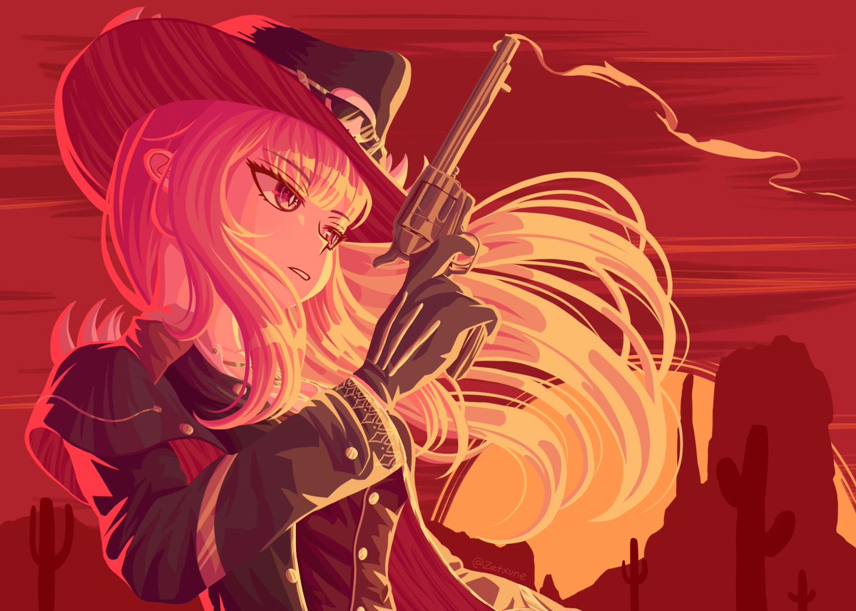 mori calliope gun 1girl weapon handgun hat holding long hair  illustration images