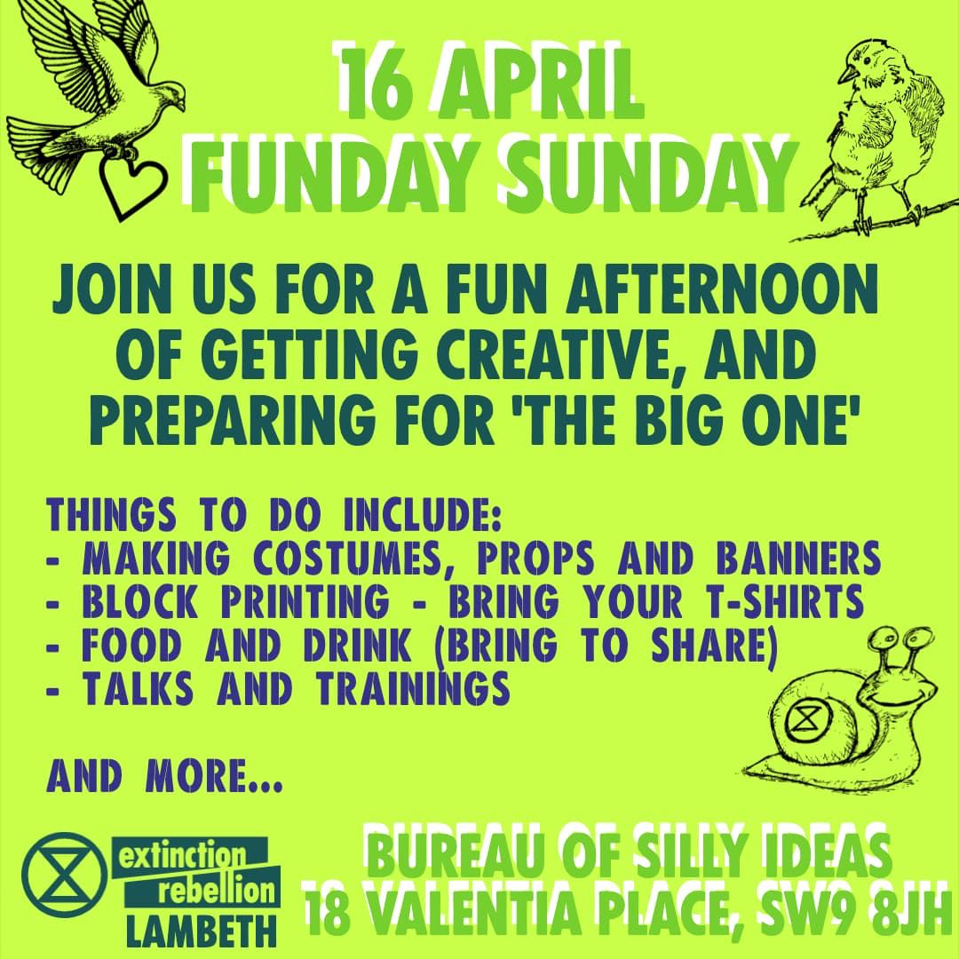 XRLambeth's tweet image. 🎨🖌️ SUNDAY FUNDAY 🪡🥳
Everyone is welcome to join us for a fun &amp;amp; friendly afternoon of getting creative and preparing for 'The Big One’!

Sunday 16th April, 1-5 pm 
Bureau of Silly Ideas, 18 Valentia Place, SW9 8JH
#ThisIsTheWork #UniteToSurvive

Sign up
eventbrite.com/e/xr-lambeths-…