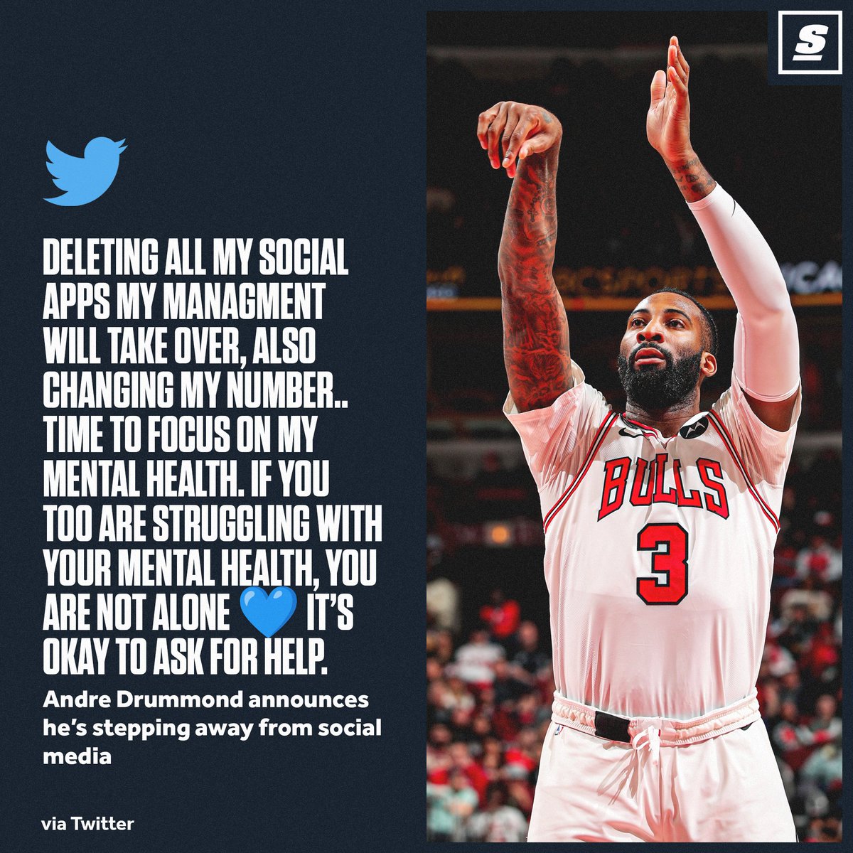 SportsBuda's tweet photo. Andre Drummond Prioritizes Mental Health and Steps Away from the Court  Mental health matters, even for NBA stars.🧘‍♂️🏀

To read more, click here: https://t.co/cFj6I0Go3T

#MentalHealthAwareness #NBA #SelfCare #basketball #AndreDrummond #Sportnews #foryourpage https://t.co/eCXYLj4ubf