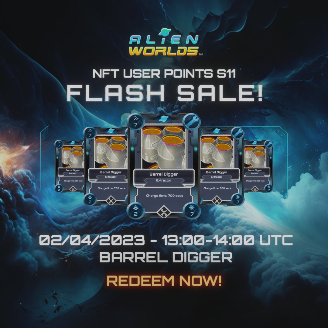 AlienWorlds's tweet photo. 👽 Explorers! The next #NFTOutpost happy hour offering is Barrel Digger!🎊
A great middling charge time tool, the Barrel Digger - so-called for the trio of barrel-like hoppers where mined TLM is stored - is equally good at exposing buried #TLM & accumulating reward points.🔥 https://t.co/uB2yq8NZdE