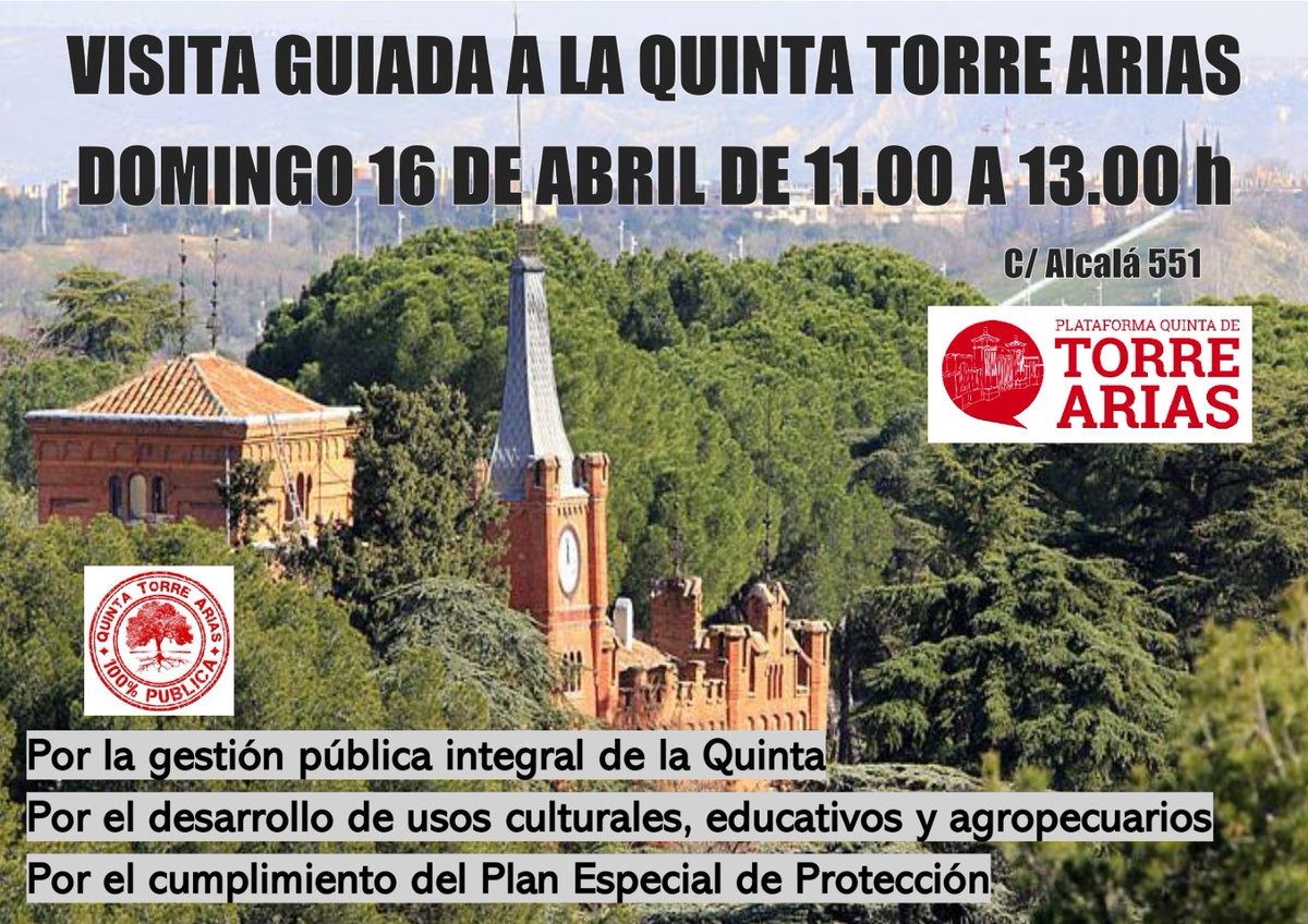 Super evento de la <a href="/PlataformaQTA/">Plataforma Quinta Torre Arias</a> para el domingo 16 de abril a las 11:00 en la Quinta (c/Alcalá 551)
<a href="/CecSbc/">CEC_SBC</a> <a href="/FRAVM/">Federación Vecinal de Madrid</a> <a href="/EeAmadrid/">Ecologistas Madrid</a> <a href="/NOAESTEPLAN/">PorDerechoLaCiudad</a> <a href="/MedioBlas/">🌱CaniBlas Ambiental</a> <a href="/AMAE_SBC/">AMAE - SBC</a> <a href="/SalvemosCasa/">Plataforma Salvemos la Casa de Campo</a> <a href="/AEPJP/">Asociación Española de Parques y Jardines Públicos</a> <a href="/avtobosimancas/">A.V Un Tobogán en Simancas</a> <a href="/AV_LaVecinal/">AV Barrio Bilbao y Pueblo Nuevo</a> <a href="/NuevaElipa/">AV La Nueva Elipa</a> <a href="/FeministasSan/">San Blas Canillejas Feministas 🇵🇸</a> @BCanillejas <a href="/sbcenlucha/">San Blas Canillejas en lucha</a> <a href="/BarajasBIC/">Bαɾαʝαʂ BIC</a>