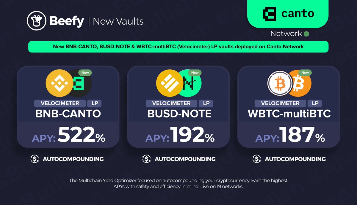 beefyfinance's tweet photo. No April Fools here.
🆕 $BNB - $CANTO: 522% APY
🆕 $BUSD - $NOTE: 192% APY
🆕 $WBTC - #multiBTC: 187% APY
https://t.co/Ux6TDoDp1P
@CantoPublic @VelocimeterDEX @MultichainOrg $BTC #bitcoin https://t.co/O7GtXrXSuB