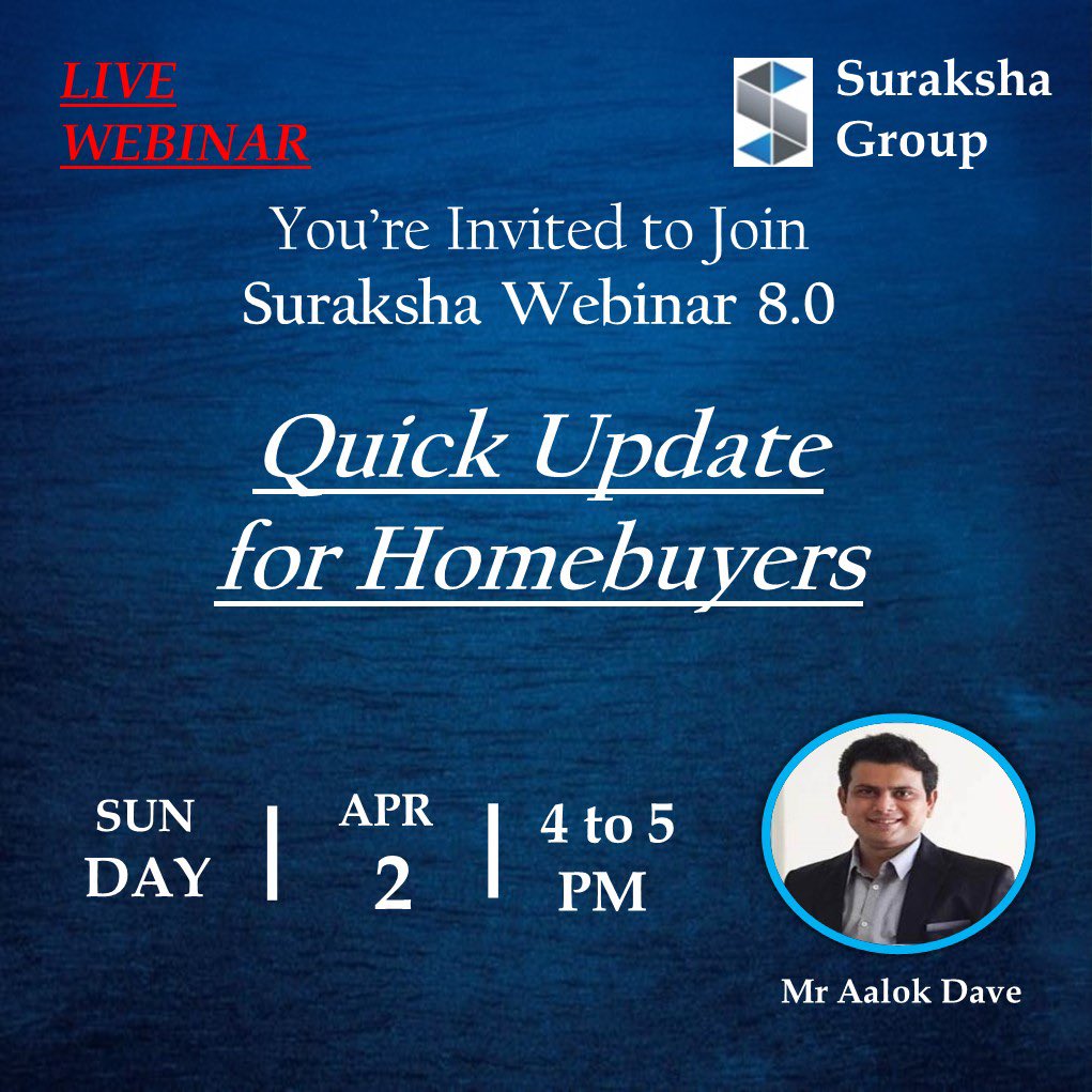 Suraksha Group (@surakshagroup_) on Twitter photo Suraksha Group Invites all the Homebuyers to Join Our Webinar 8.0 “Quick Update for Homebuyers” on 2nd April, 4 to 5 PM. Looking forward to connect with you all.
#SurakshaGroup #JaypeeHomebuyers
Link for the Webinar:- us02web.zoom.us/j/84602284203?… Suraksha Group Invites all the Homebuyers to Join Our Webinar 8.0 “Quick Update for Homebuyers” on 2nd April, 4 to 5 PM. Looking forward to connect with you all.
#SurakshaGroup #JaypeeHomebuyers
Link for the Webinar:- us02web.zoom.us/j/84602284203?…