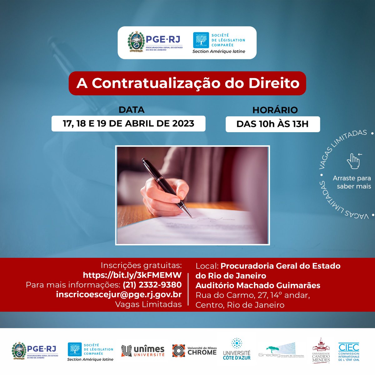 Gus_Cerqueira's tweet photo. La contractualisation du droit
Colloque franco-brésilien organisé par la @legiscompare et par le bureau du procureur général de l'Etat de Rio de Janeiro. 
Rio de Janeiro: 17, 18 et 19 avril.
Soutien de plusieurs institutions:  @CIEC_ICCS @DroitScPoNice @Univ_CotedAzur @GREDEG_UM https://t.co/YQOTgS8WQ3