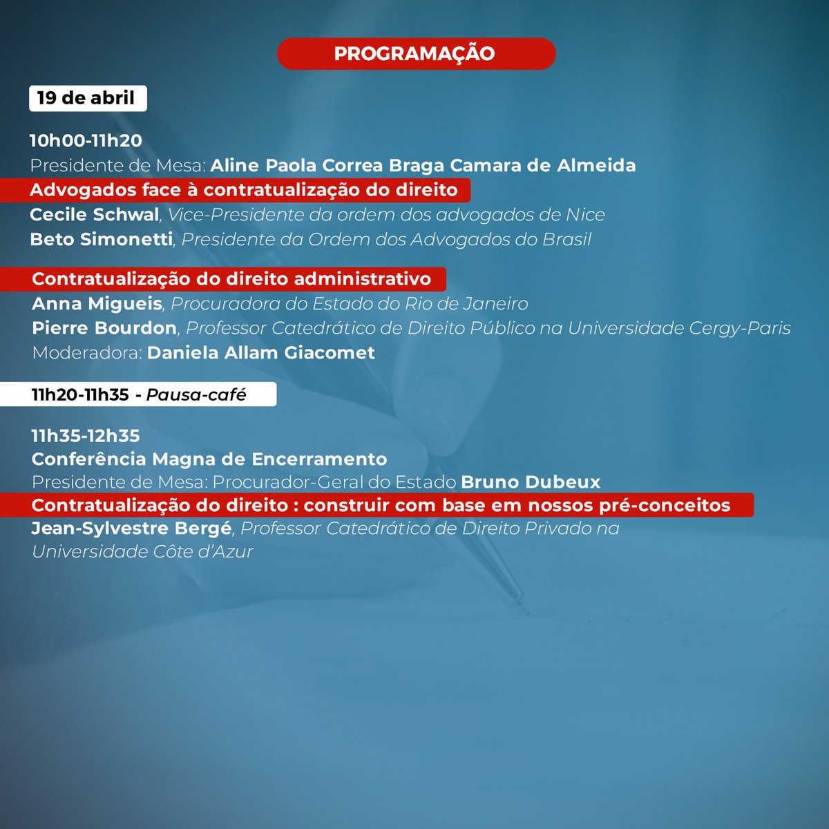 Gus_Cerqueira's tweet photo. La contractualisation du droit
Colloque franco-brésilien organisé par la @legiscompare et par le bureau du procureur général de l'Etat de Rio de Janeiro. 
Rio de Janeiro: 17, 18 et 19 avril.
Soutien de plusieurs institutions:  @CIEC_ICCS @DroitScPoNice @Univ_CotedAzur @GREDEG_UM https://t.co/YQOTgS8WQ3