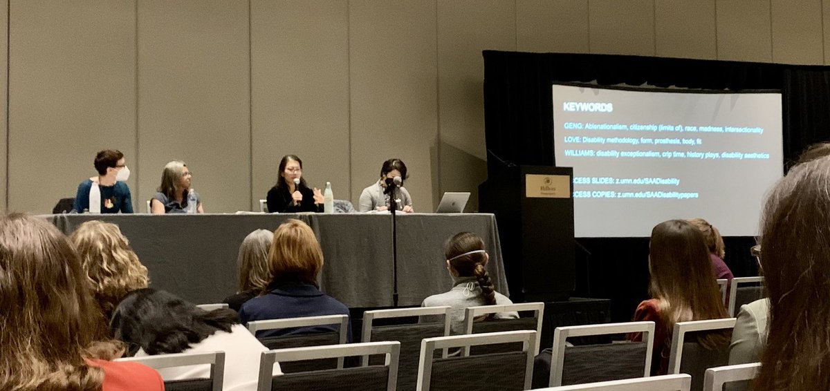 Excellent panel on Staging Citizenship: Early Modern Disability Histories @SAAupdates #Shax2023 Cogent and incisive papers that worked brilliantly together. @penelope_hg Genevieve Love and @katschawill