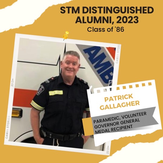 stmcssalumni's tweet photo. ⚔️ Congratulations to paramedic and Governor General Volunteer Medal Recipient, Patrick Gallagher, one of the recipients of the STM Distinguished Alumni Award.

Celebrate distinguished alumni at the Gala Dinner on April 27 at Carmen’s.

Buy tickets at https://t.co/wNqgfVcTMS. https://t.co/rlNOXcgXws