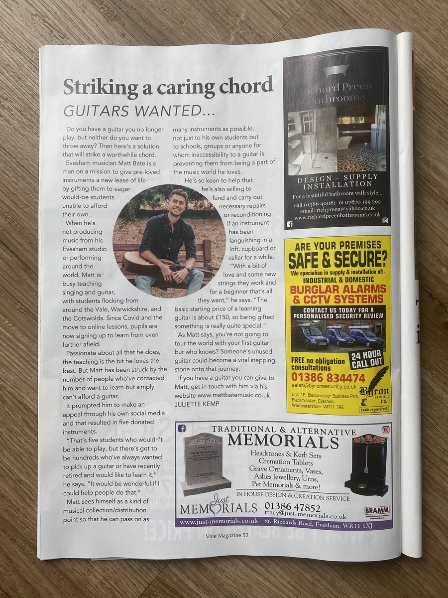 So grateful to be featured in the “Cotswold &amp; Vale Magazine” championing my campaign to rehome used guitars! 😊🎸❤️🎶

mattbatemusic.co.uk/cotswold-vale-…