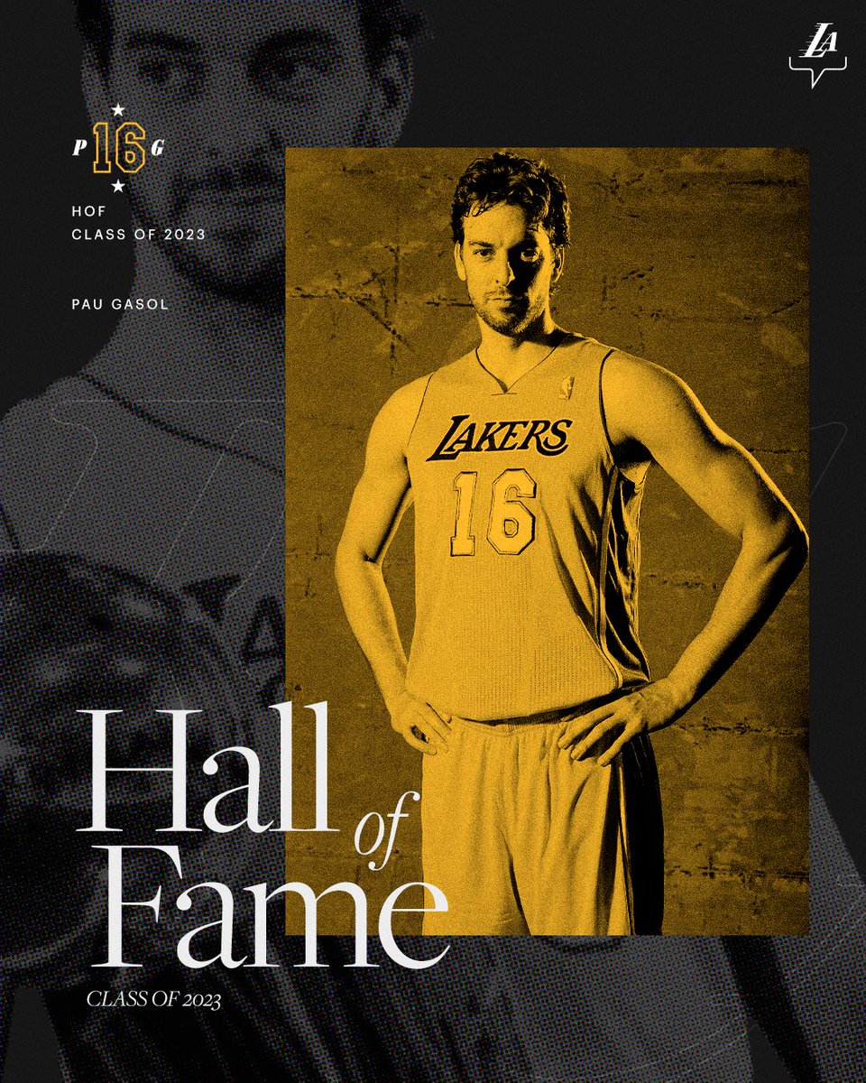 Lakers's tweet photo. Back-to-back Champion and Lakers Legend, Pau Gasol, has been elected into the @Hoophall Naismith Memorial Basketball Hall of Fame.

Congratulations, @paugasol! https://t.co/rD94QuU6aY