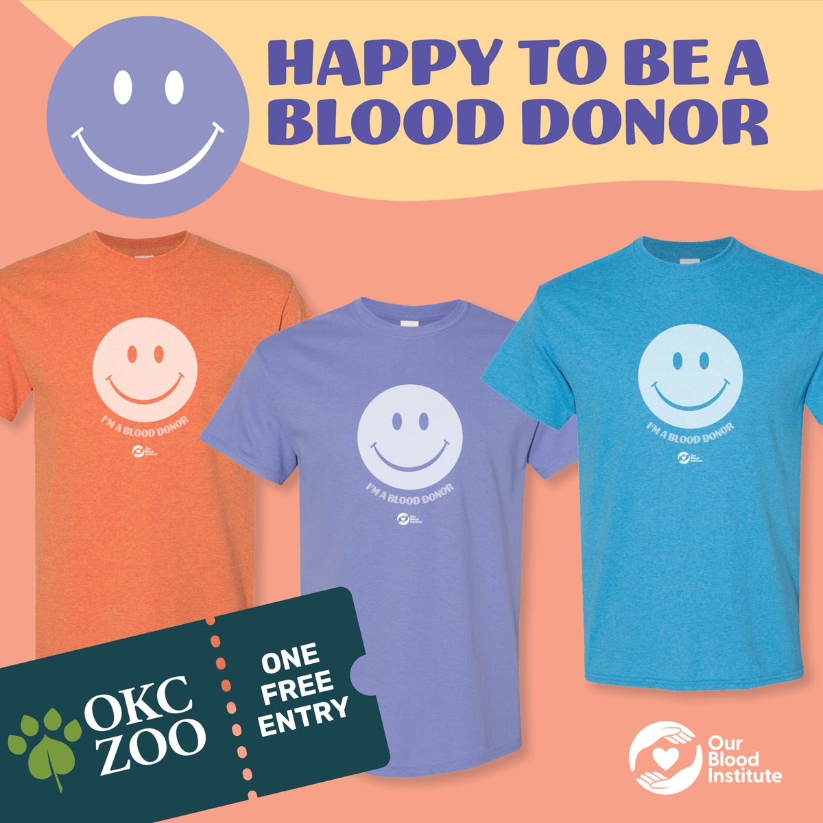 😊Don't worry, be happy... you're a blood donor! Donate by April 30 to get one of our smiley shirts and a ticket to the <a href="/okczoo/">Oklahoma City Zoo and Botanical Garden</a>! Schedule your donation by calling 877-340-8777 or visiting obi.org!