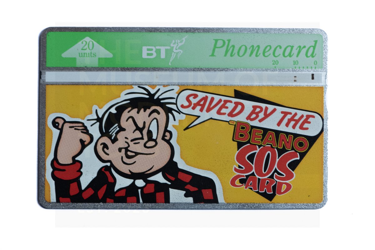 musmodtoss's tweet photo. It's back! 😆#5oclockphonecard returns after an enforced absence! A 1995 promo tie-in with the #Beano! Is that #RogerTheDodger? We have all of these! #phonecard #retro #ukcomics @DC_Thomson https://t.co/nOm1zUh7ft