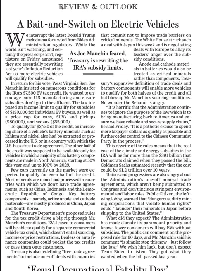 “Treasury is also redefining “free trade agree- ments” to include one-off deals with countries
that commit not to impose trade barriers on critical minerals.” #ev #batterymaterials #ira #lithium #nickel #cathode #anode #wsj