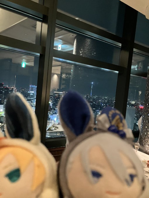 スカイツリー見える所でご飯。時間的にコラボの演出時間だったのだけど流石に遠かった 