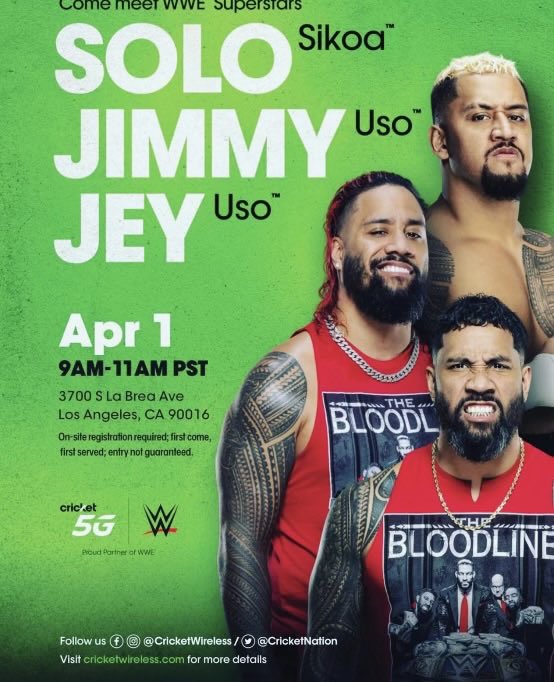 Don’t miss this. The bloodline is in your city, LA.
⁦@Cricketnation⁩ #wrestlemania #CricketSponsored