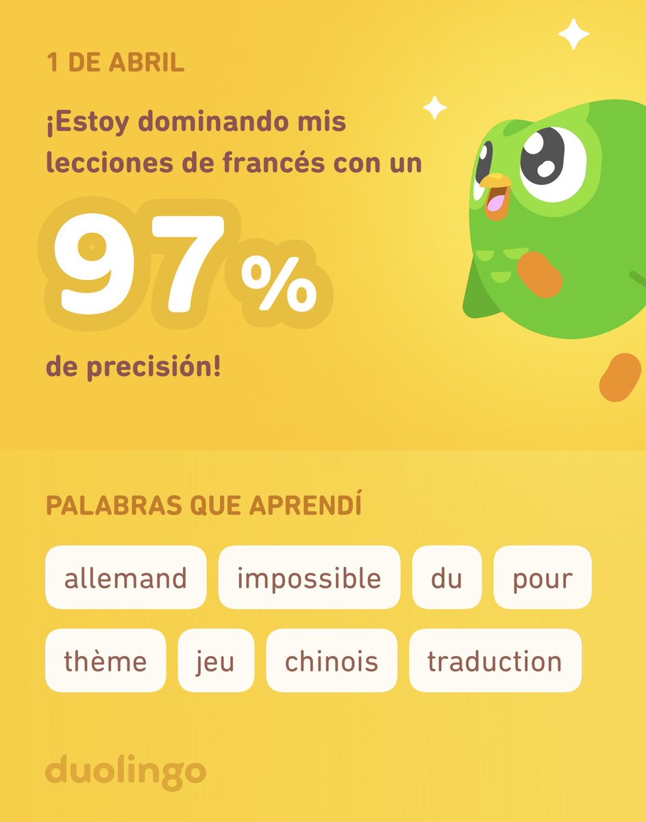 jbaquedanolobos's tweet photo. ¡Estoy aprendiendo francés en Duolingo! Es gratis, divertido y efectivo. https://t.co/N8YSIcV1rZ