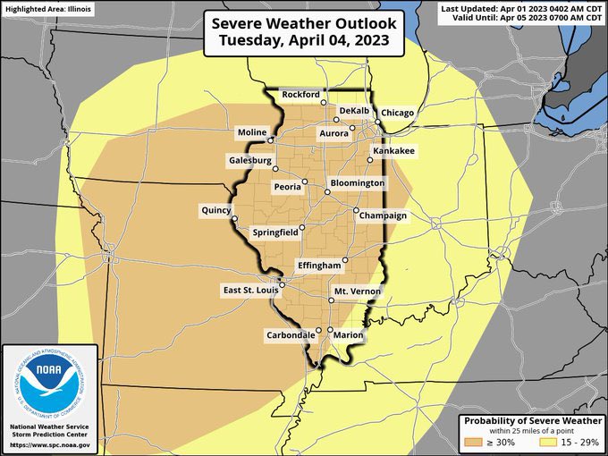 JolietWeather's tweet photo. Another potentially dangerous severe weather outbreak forecasted for Tuesday across Illinois. Storm Prediction Center has much of the state once again in a significant risk for severe storms and tornadoes (day 4 outlook). This ‘could’ be stronger than what we saw on Friday. #ilwx https://t.co/qp5VquFfT8