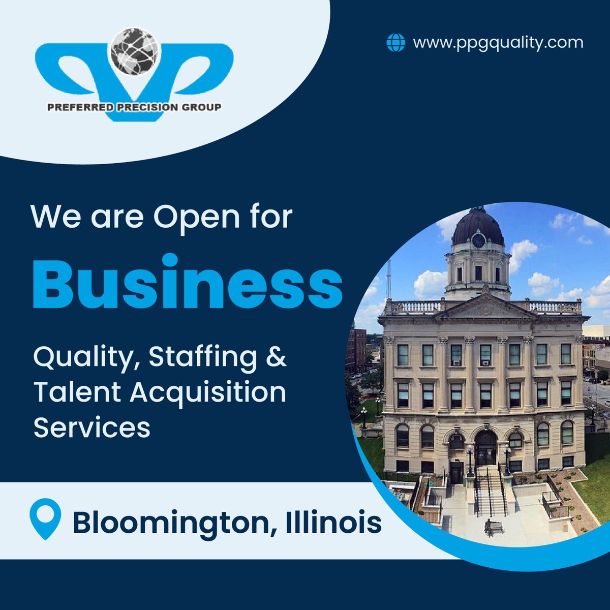 PPG_Quality's tweet photo. Attention Bloomington, IL businesses!

PPG is now open and offering quality staffing and talent acquisition services.

Our expert team is dedicated to finding top-quality candidates to take your business to the next level.

Contact us today to learn more! 

#PPG #StaffingServices https://t.co/t11HJyCGmY