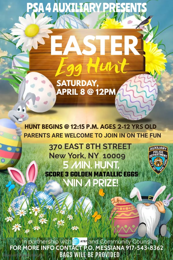 NYPDPSA4's tweet image. Come join us for our Second Annual PSA 4 Community Easter Egg Hunt! 🐰 🥚 🌷On April 8, 2023. @NYPDHousing @NYPDHBM @NYPDauxiliary @NYCHA @NYCHA_Tenants #Easter2022 #nypd4thekids