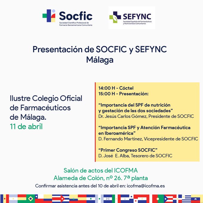 SEFYNC1's tweet photo. Presentación de #SEFYNC en Málaga.
El próximo martes 11 de abril tendrá lugar la presentación de la Sociedad Española de Farmacéuticos y Nutricionistas Comunitarios en
@COFMalaga
🗓️11 de abril
⏰14 H
📍Salón de actos ICOFMA https://t.co/uN50qWLmZ2