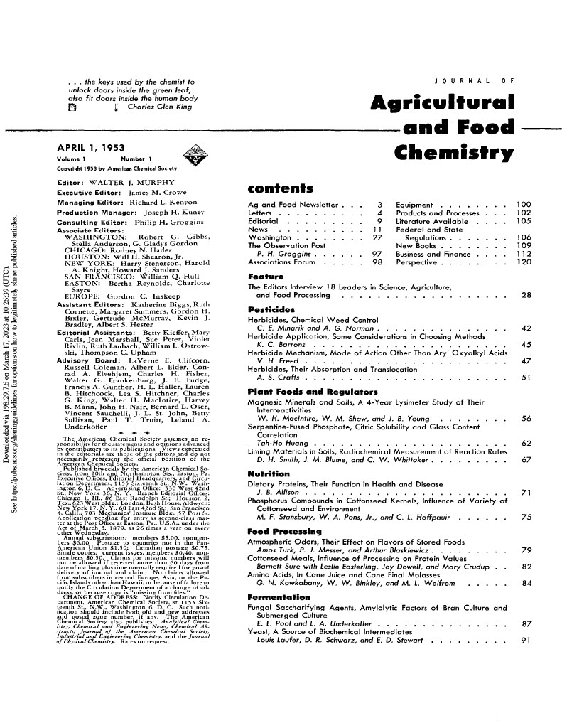 JAgFoodChem's tweet photo. #OnThisDay 70 years ago JAFC published its first issue!

Check out the very first article where the Editors interviewed 18 leaders in science, agriculture, and food processing 👉 https://t.co/MQmjPA7Lak https://t.co/irHVBizCDX