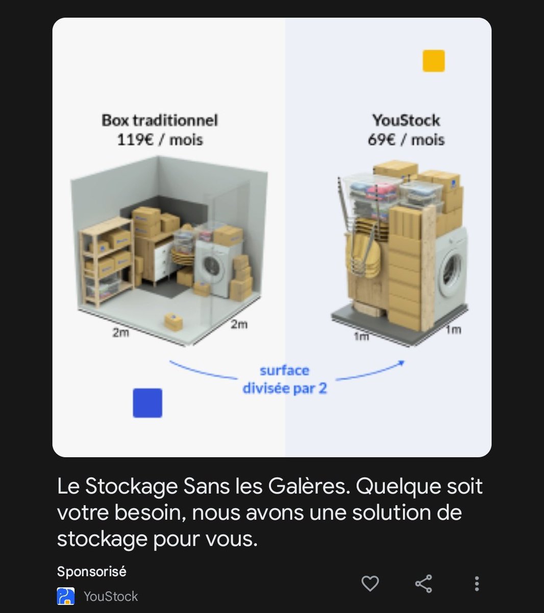 ghibau's tweet photo. @YouStockFR , il va falloir réviser vos règles de calcul : 2x2 = 4m2 dans un box traditionnel, 1x1 = 1m2 dans un Youstock. Ce qui fait une surface divisée par 4! https://t.co/NCpHwPi37o
