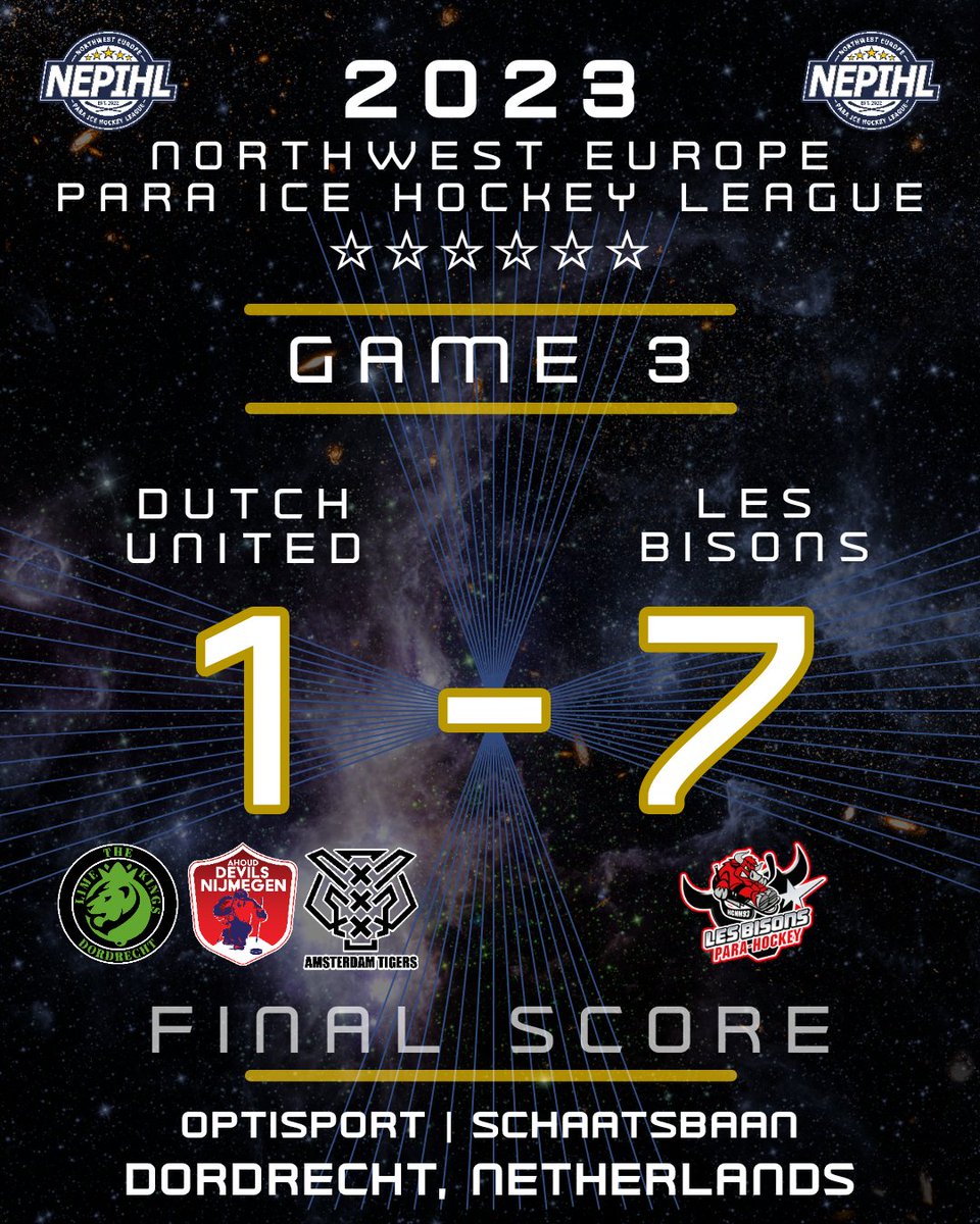 🚨 GAME 3 FINAL SCORE 🚨

Dutch United - 1
Les Bisons - 7

#NEPIHL #ParaIceHockey
