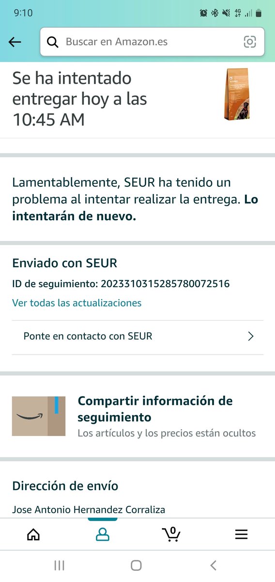 belinmoral83's tweet photo. Al parece ahora #AmazonPrime y #seur también incluyen un servicio de videntes que a las 9 de la mañana saben que no vas a estar a las 10:45 Am. Debe ser que los Sacos de pienso de 20kg no los cubre amazon prime, lo tendré en cuanta para la próxima renovación de la suscripción https://t.co/lZgGuMapg2