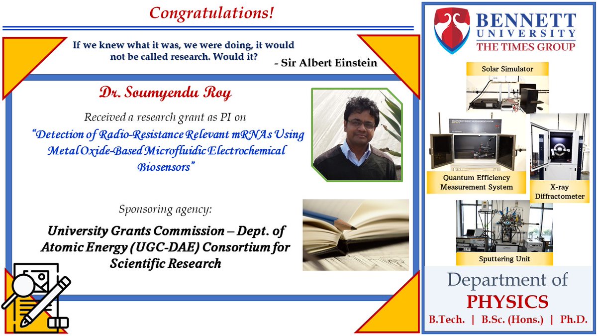 @DepartmentofPh7  proudly announces that Dr. Soumyendu Roy has been awarded an external sponsored project on 'Detection of Radio-Resistance Relevant mRNAs Using Metal Oxide-Based Microfluidic Electrochemical Biosensors'.
@bennettuniv 
#facultyatbu
#buachievers