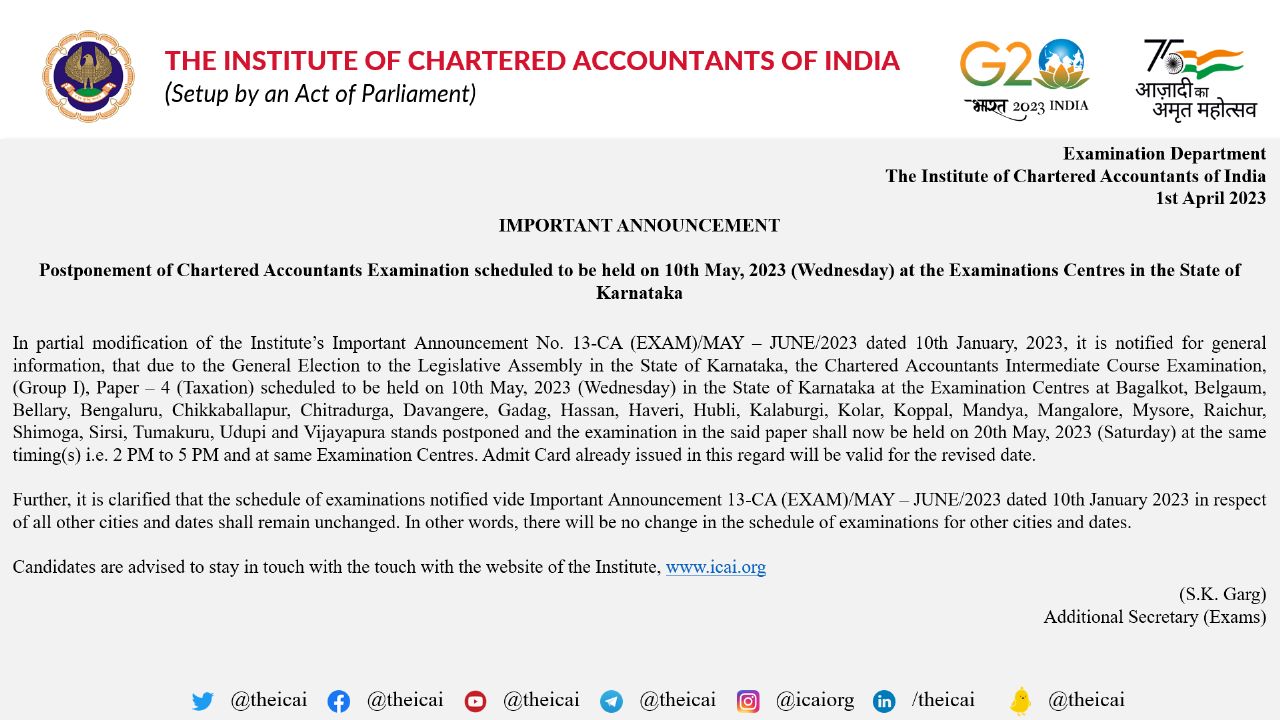 Institute of Chartered Accountants of India ICAI on Twitter "Important Announcement