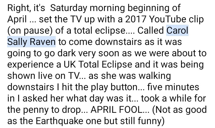 ArnieSwartzPoop's tweet image. Right, it&apos;s  Saturday morning beginning of April ... set the TV up with a 2017 YouTube clip (on pause) of a total eclipse.... Called Carol Sally Raven