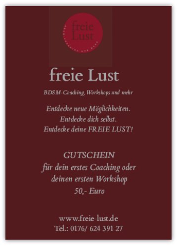 Sichere dir JETZT deinen 50,- Euro-Gutschein für dein erstes Coaching oder deinen ersten Workshop!
freie-lust.de 
#coaching #workshop #bdsm #bdsmgermany #domina #dominanz #selbstbewusstsein #paarcoaching #partnerschaft #vertrauen #lifestyle #happiness