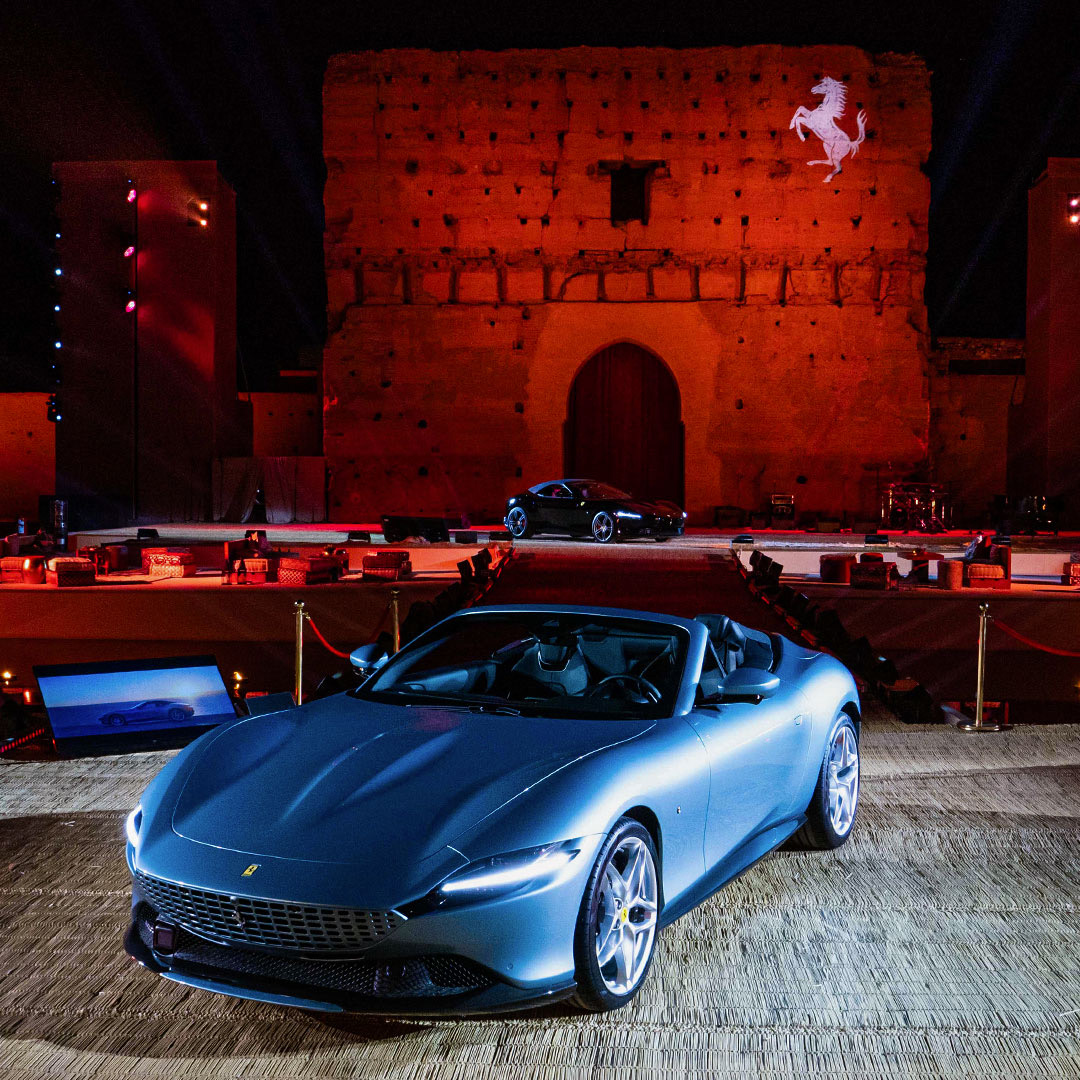 Ferrari_Bham's tweet photo. We present: #LaNuovaDolceVita. The fabulous #FerrariRomaSpider was unveiled at our mysterious evening launch to a welcoming audience with the stunning #ElBadiPalace as the backdrop in #Marrakesh. #Ferrari https://t.co/ugY6jVqjU9