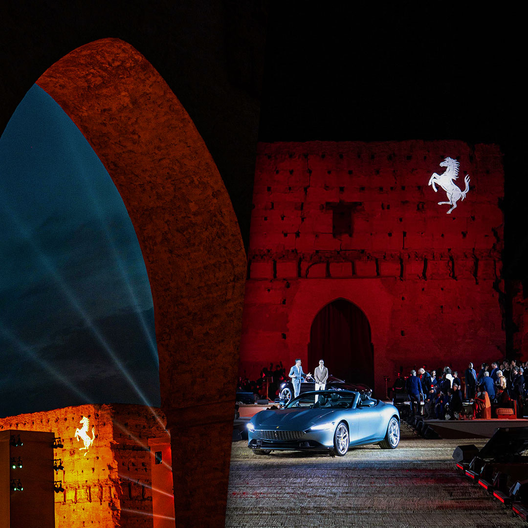 We present: #LaNuovaDolceVita. The fabulous #FerrariRomaSpider was unveiled at our mysterious evening launch to a welcoming audience with the stunning #ElBadiPalace as the backdrop in #Marrakesh. #Ferrari