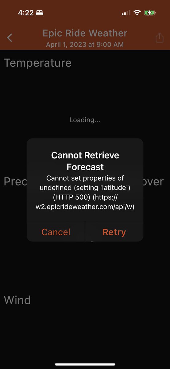 MSDetrick's tweet photo. @EpicRideWeather somebody has their API messed up! Epic is down! https://t.co/1wscuroSlL