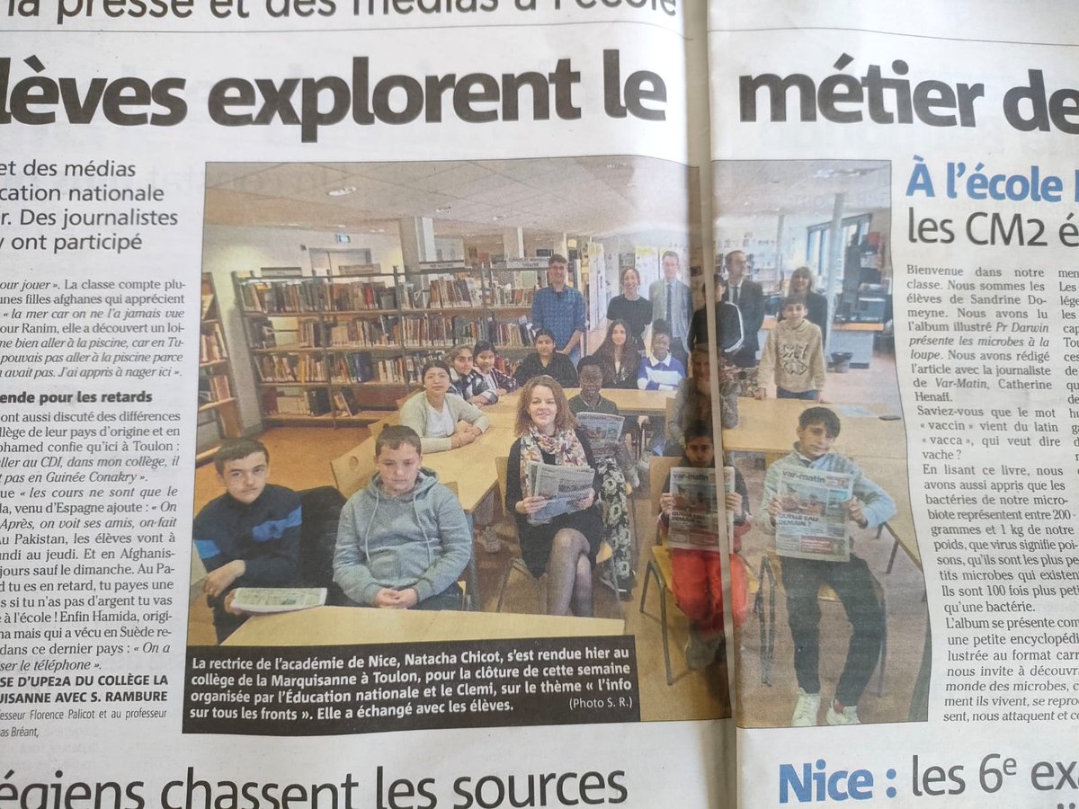LaMarquisanne83's tweet photo. Apothéose pour le collège : pour la #spme la classe UPE2A dans le journal @Var_Matin sur les différences à l'école à l'étranger en la présence de @NatachaChicot merci à Sophie Rampure et à @clemi_nice pour cette rencontre ! https://t.co/rg6giRhlhW