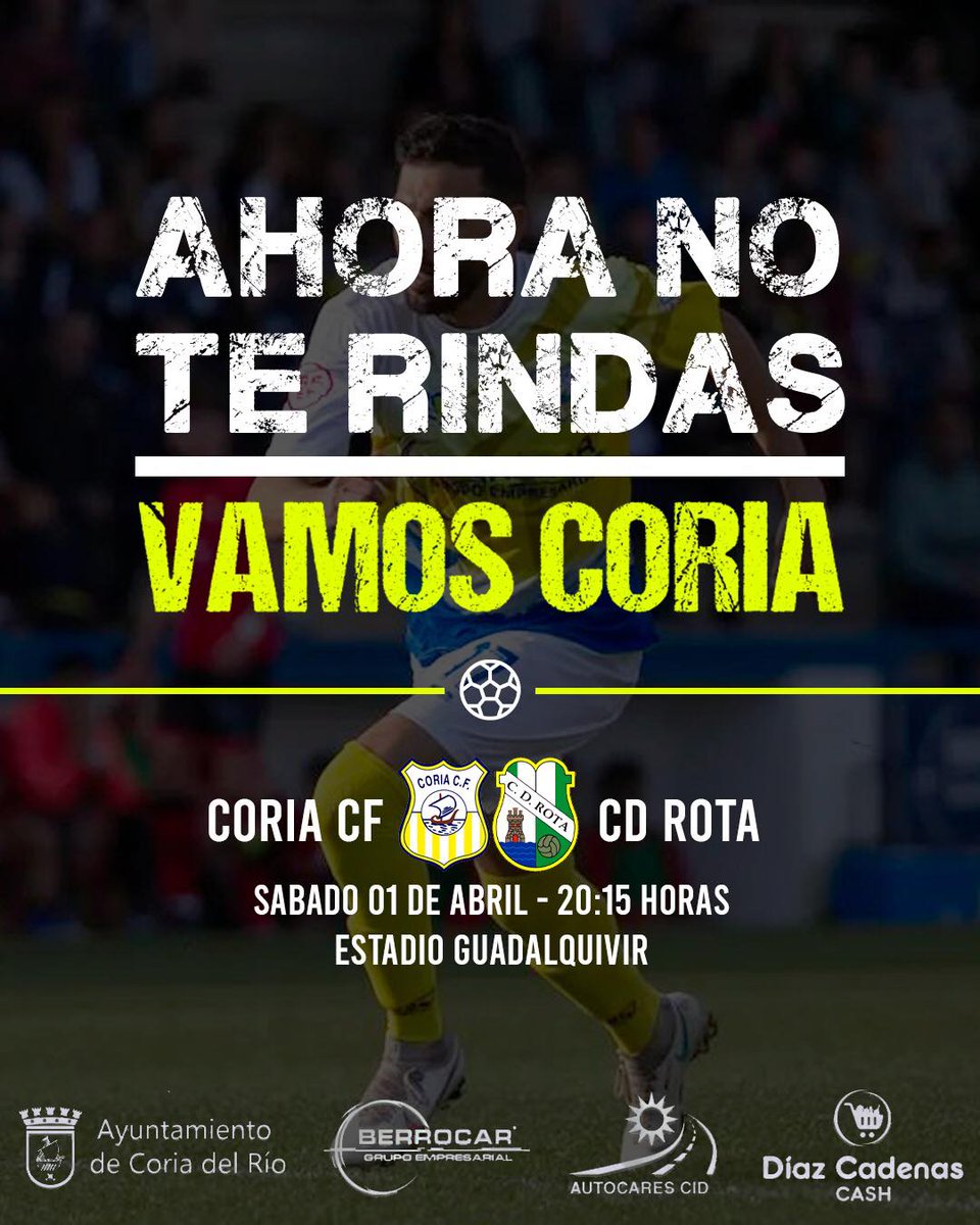 Coria_CF's tweet photo. 💥 ¡Esta tarde tienes una cita con tu equipo en el Estadio Guadalquivir!
📌¡¡Ahora no te riendas!!
🗣️ ¡¡Vamos, Coria!! ¡¡Vamos, afición!!
#CoriaCF - #CDRota
⏰ 20.15 h.
🏟️ Estadio Guadalquivir
#VamosCoria
#DeTuPasionNacioNuestraHistoria https://t.co/GvgIcQHgQe