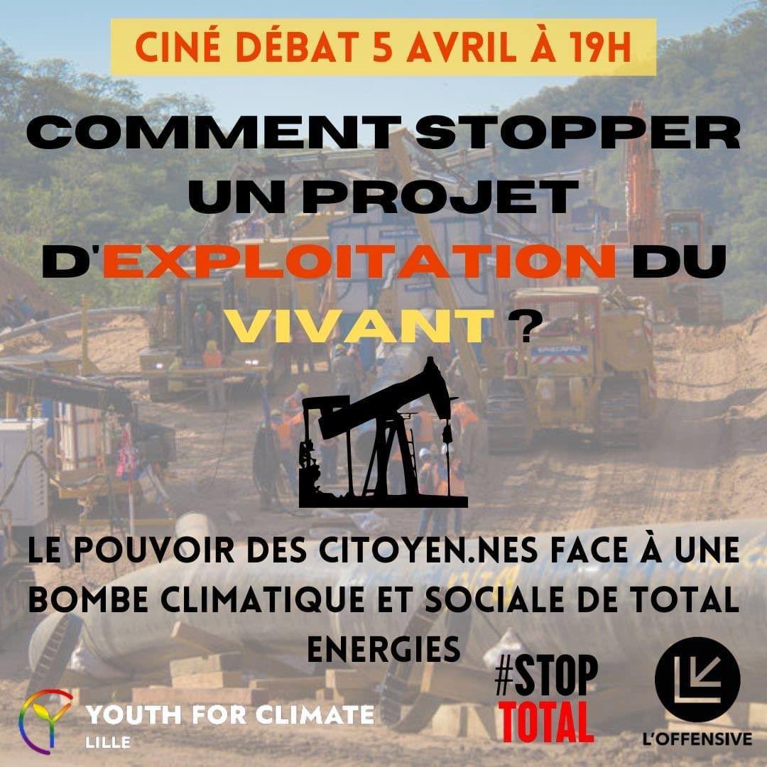 Comment empêcher <a href="/TotalEnergies/">TotalEnergies</a> de construire son oléoduc climaticide et néo-colonial ?

L’Offensive et <a href="/yfc_lille/">Youth For Climate Lille</a> vous invitent à en discuter mercredi à 19h. C’est au 41 rue de Valmy à Lille !

#StopTotal #EACOP