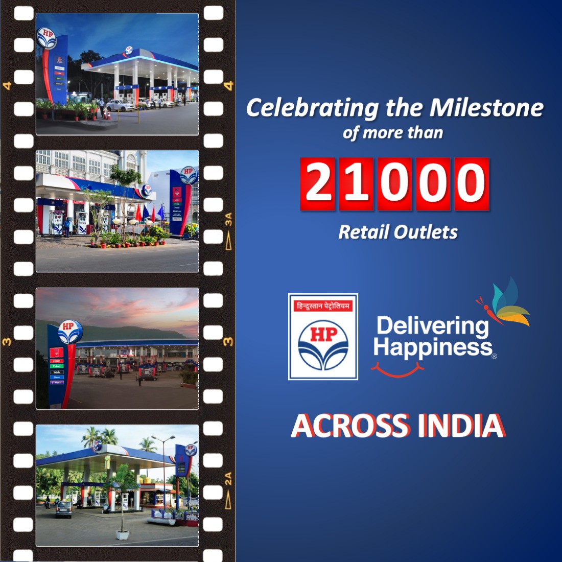 New Milestone Reached ✨
HPCL family is proud to be bigger &amp; better with a network of over 21,000 Retail Outlets ⛽️ 
We thank everyone who has helped us get here.
Visit us at a location near you!
#DeliveringHappiness

<a href="/HardeepSPuri/">Hardeep Singh Puri</a> <a href="/Rameswar_Teli/">Rameswar Teli</a> <a href="/Secretary_MoPNG/">@Secretary_MoPNG</a> <a href="/PetroleumMin/">Ministry of Petroleum and Natural Gas #MoPNG</a>