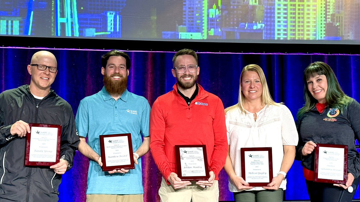 🚨ICYMI🚨

Congratulations to our #SHAPEseattle 2023 National Teachers of the Year 👏👏👏

⭐️ Randy Spring (Elementary PE)

⭐️ Matthew Bristol (Middle School PE)

⭐️ Jordan Manley (High School PE)

⭐️ Melissa Quigley (Health Education)

⭐️ Samantha Stewart (Adapted PE)